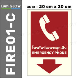 (FIRE01-C) ป้ายโทรศัพท์ฉุกเฉินเรืองแสง LumiGLOW 20 x 30 cm (เกรดญี่ปุ่น) ผ่านมาตรฐาน DIN-67510 class C