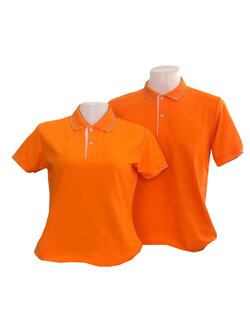เสื้อโปโล สีส้ม ปก แขน ทอลายสีส้มสลับกับสีส้มเข้ม สีขาว ราคาส่ง