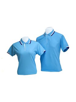 เสื้อโปโลสีฟ้า ปก แขน ทอลายแถบสีน้ำเงินกรมท่า สีขาว ราคาส่ง
