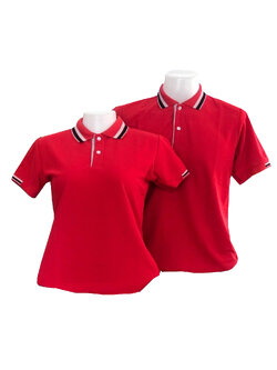เสื้อโปโลสีแดง ปก แขน ทอลายสีดำ สีขาว ราคาส่ง