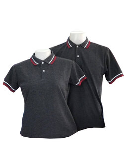 เสื้อโปโลสีเทาเข้ม ปกสีเทาเข้มขลิบสีขาว สีแดงเลือดหมู