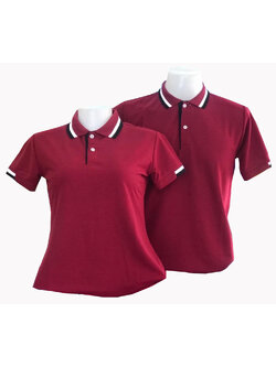 เสื้อโปโล สีแดงเลือดหมู ปก แขนทอลายเส้นสีดำ สีขาว ราคาส่ง