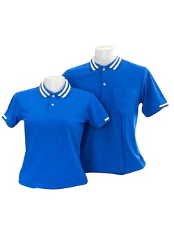 เสื้อโปโล สีน้ำเงินฟ้า ปก แขน ทอลายเส้นสีขาว ราคาส่ง