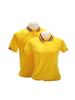 เสื้อโปโลสีเหลือง ปก แขนทอลายเส้นสีขาว น้ำเงิน แดง ราคาส่ง 3 ตัวขึ้นไป