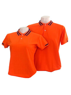 เสื้อโปโล สีส้ม ปก แขนทอลายเส้นสีน้ำเงินกรมท่า