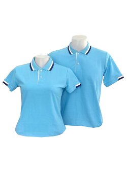 เสื้อโปโลสีฟ้า ปก แขน ทอลายแถบสีน้ำเงินกรมท่า สีขาว