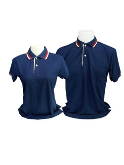 เสื้อโปโลสีน้ำเงินกรมท่า เนวี่บลู ปกสีเดียวกับเสื้อ แขนแต่งลายเส้นแดง ครีม