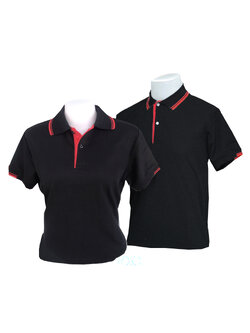 เสื้อโปโลสีดำ TK แขนจั๊มครึ่งเดียว ปก แขนมีลายเส้นสีแดง สาบแดง