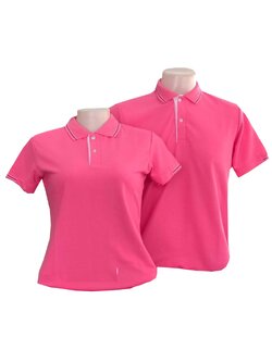เสื้อโปโลสีชมพู ปกสีชมพู ขลิบปกสีแดง ขาว แขนจั๊มครึ่งเดียว