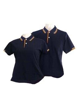 เสื้อโปโลสีกรมเข้ม Deep Navy ปก แขนมีลายเส้นสีเหลืองทอง สีขาว