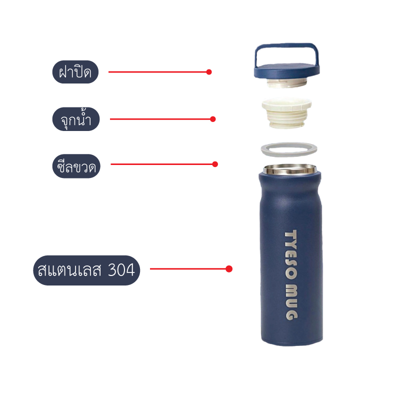 กระบอกน้ำสุญญากาศ มีหูถือ Tyeso 360, 500, 710 ml.