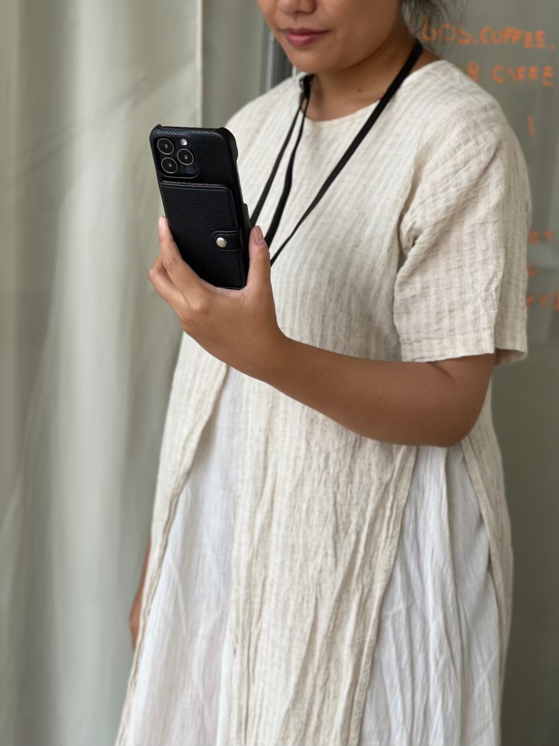 Leather card x neck strap (black colors) case