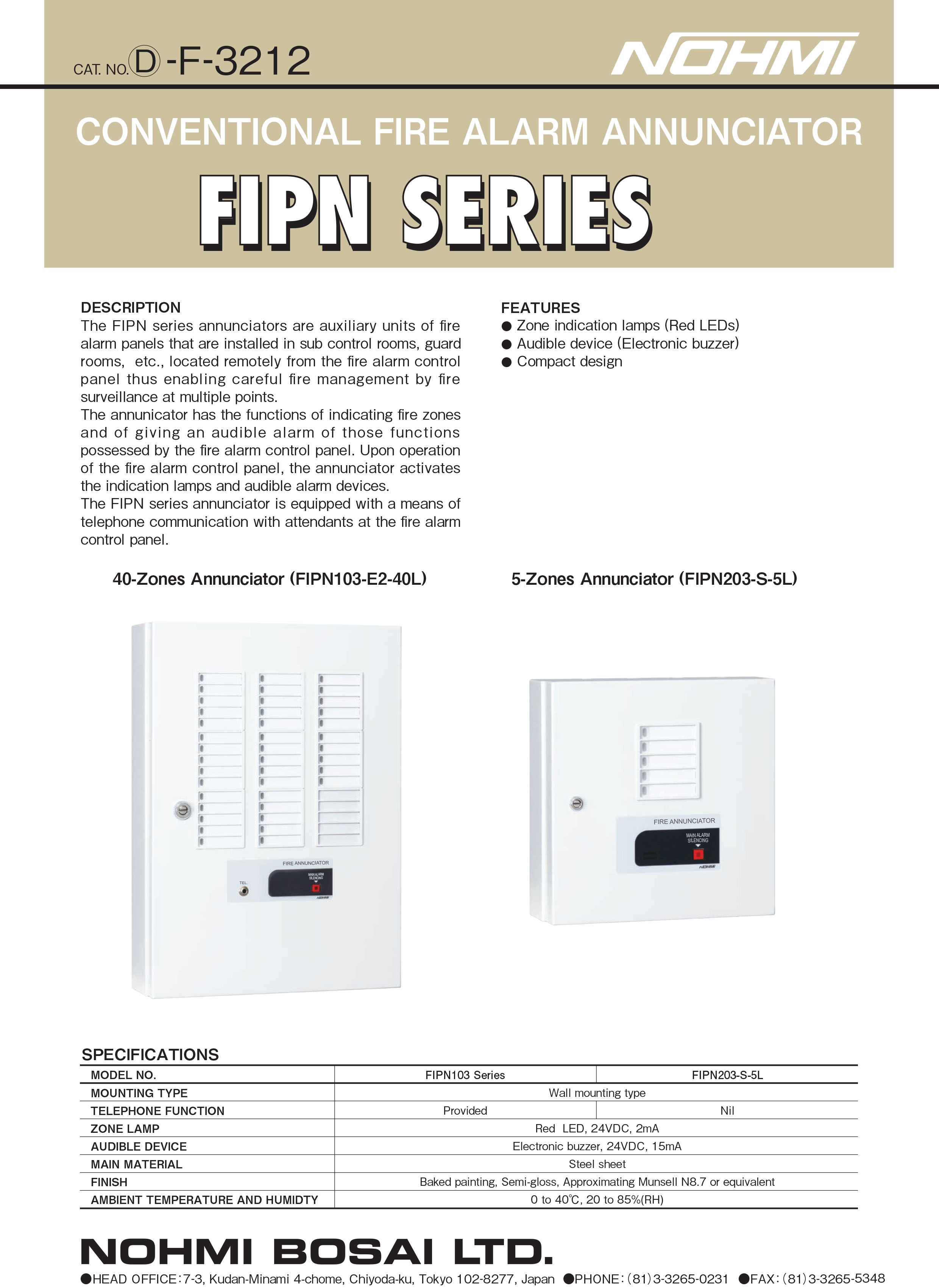 "NOHMI" Model FIPN103-H2-20L Fire Alarm Annunciator ,Wall Type