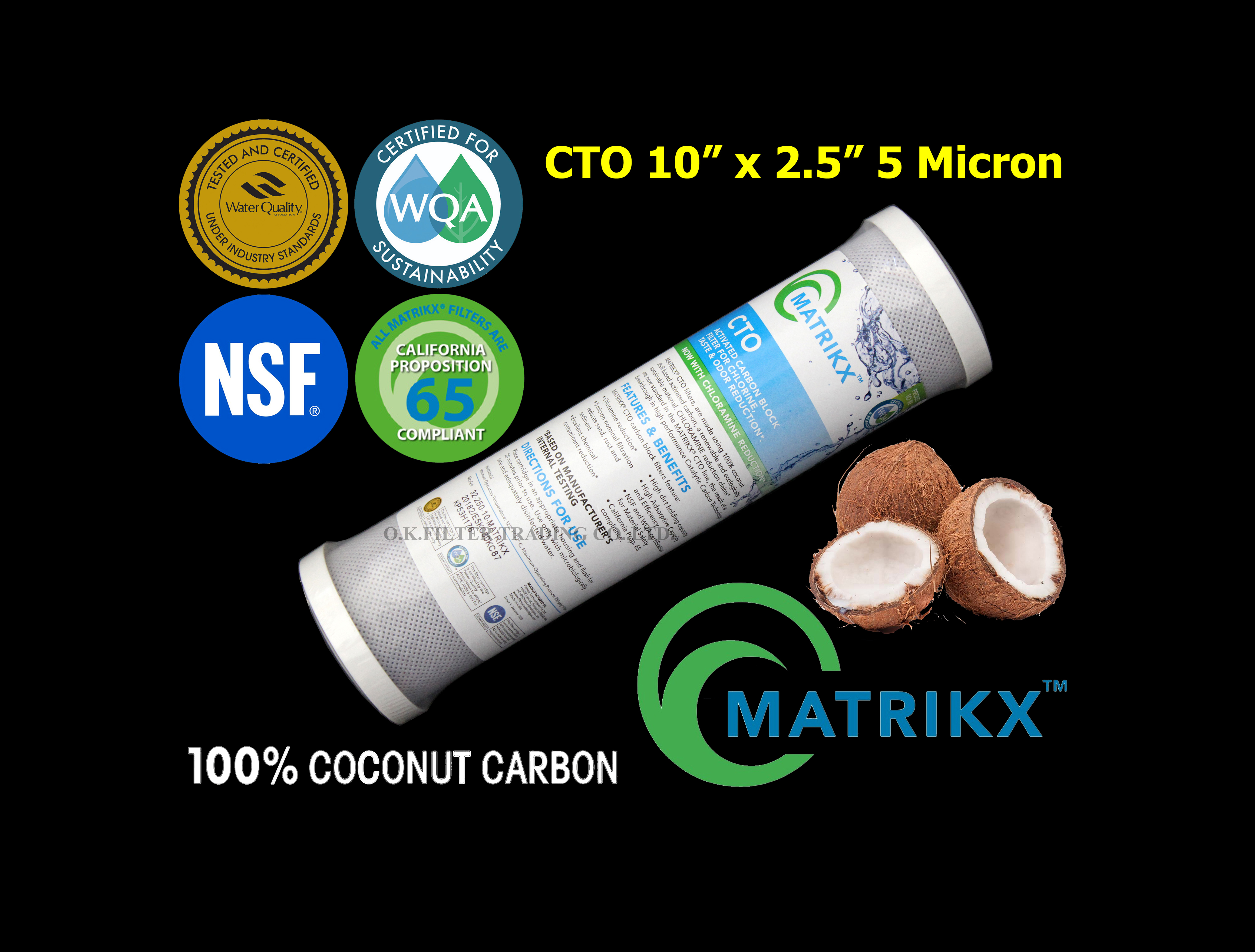 ไส้กรองน้ำ Carbon 10 นิ้ว x 2.5 นิ้ว 5 ไมครอน ถ่านกะลามะพร้าว Matrikx KX USA