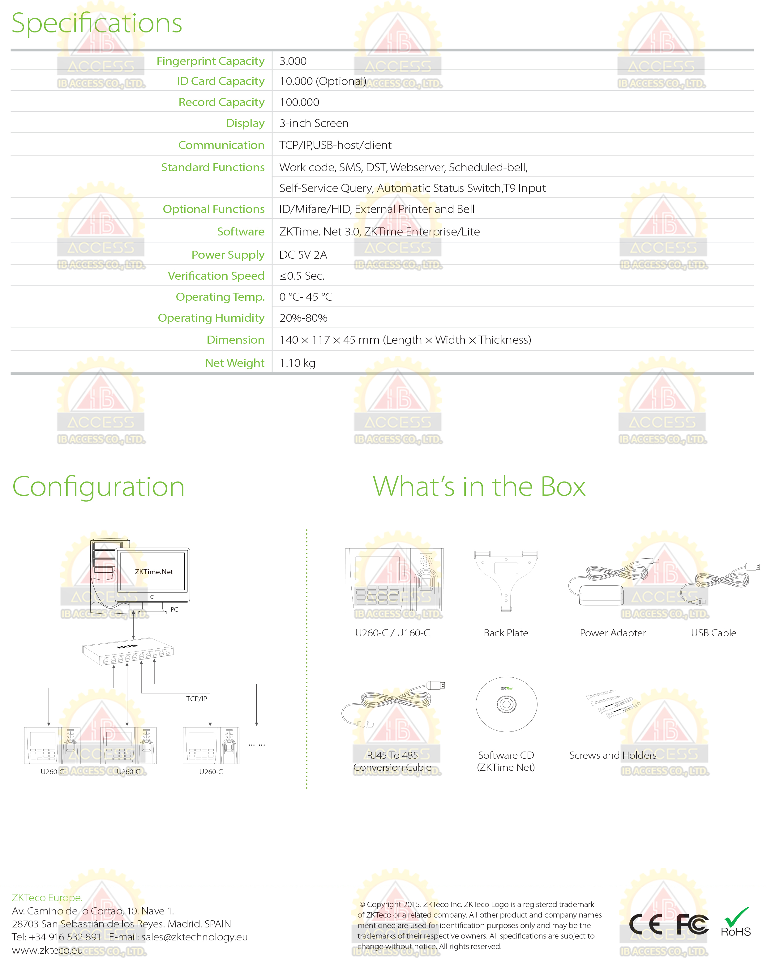 เครื่องสแกนลายนิ้วมือ ยี่ห้อ ZKTeco รุ่น U160-C