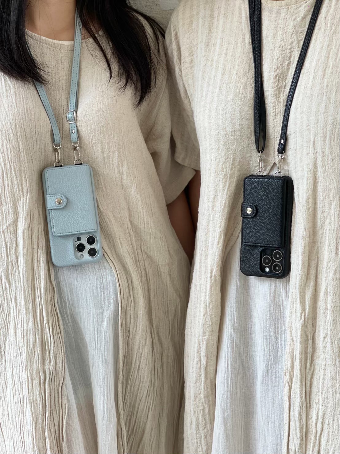 Leather card x neck strap (blue gray colors) case