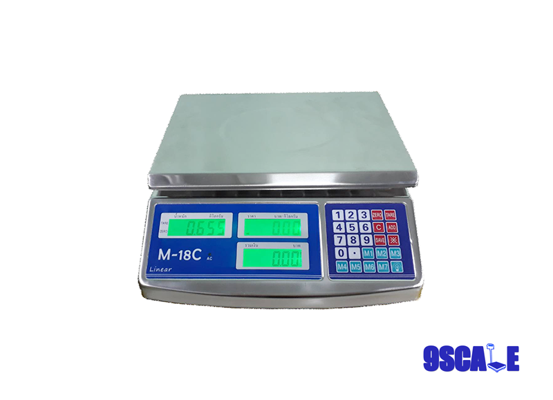 เครื่องชั่งคำนวณราคา รุ่น M-18C (LCD) พิกัด 30 กิโลกรัม อ่านละเอียด 0.005 กิโลกรัม จานชั่งและตัวเครื่องทำจากสแตนเลส