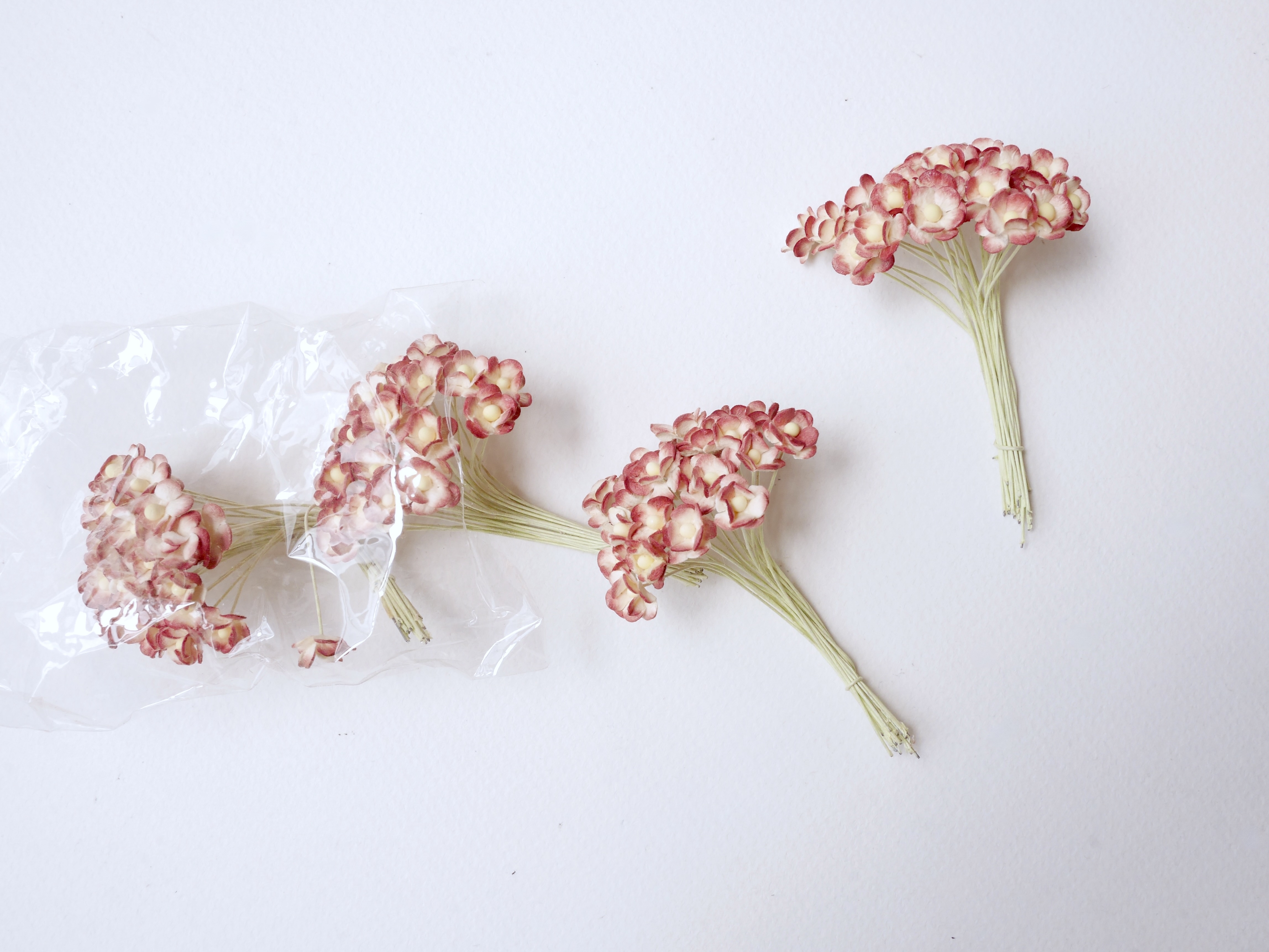 ดอกไม้กระดาษสา ดอกไม้กระดาษสาราคาส่ง ดอกไม้กระดาษสำหรับตกแต่ง งานแต่งงาน หรือติดของชำร่วย ดอก creeping lady 100 ดอก ขนาด 0.8 cm. สีเลือดหมูปัดสีงาช้าง Small Paper Flower with stem, 100 pcs., size 0.8 cm., creeping flowers 2 layers, red wine brush ivory co