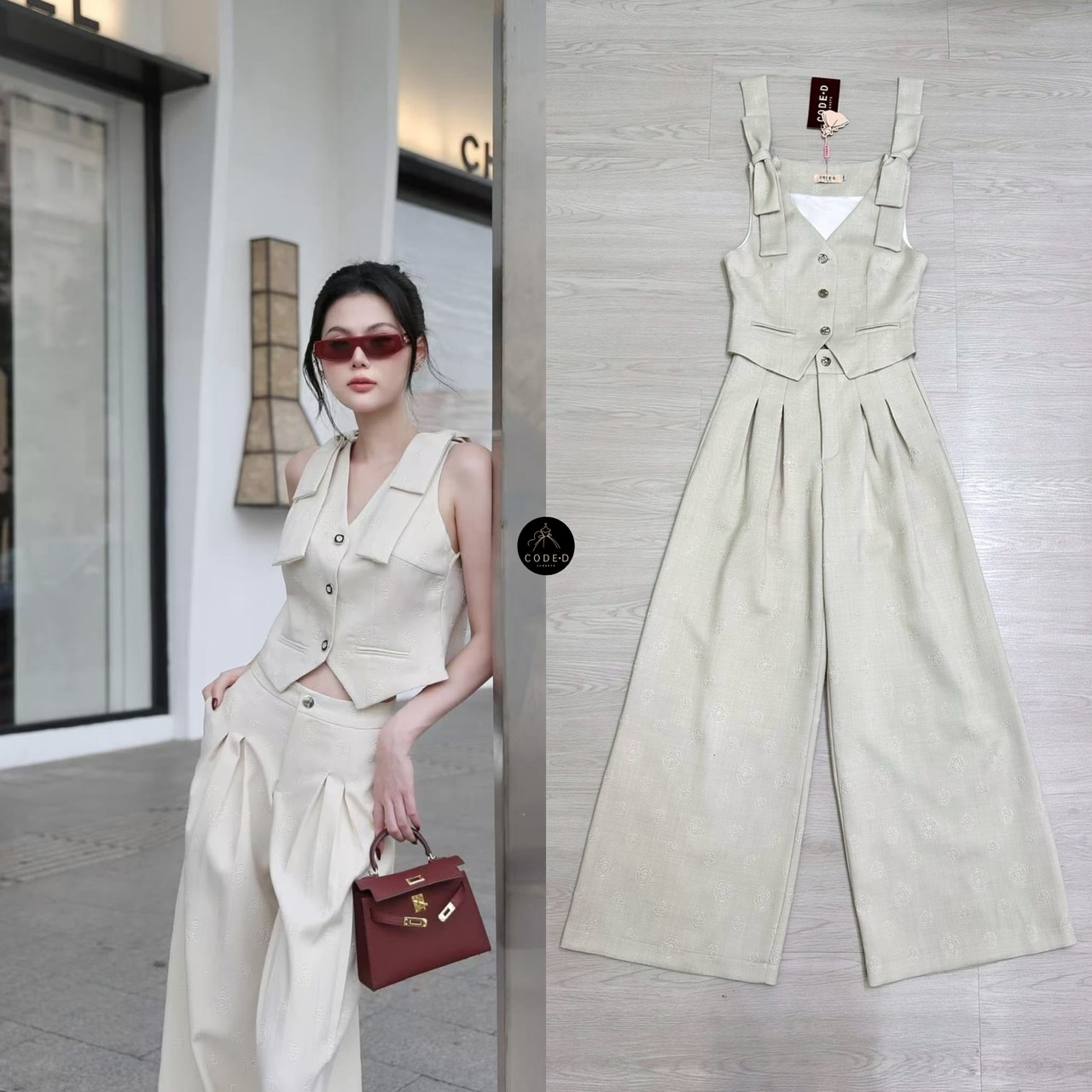 (ป้าย CODE-D) Set 2 ชิ้น สีครีม ผ้าปั้มลายนูนลายดอก เสื้อกั๊กแขนกุด