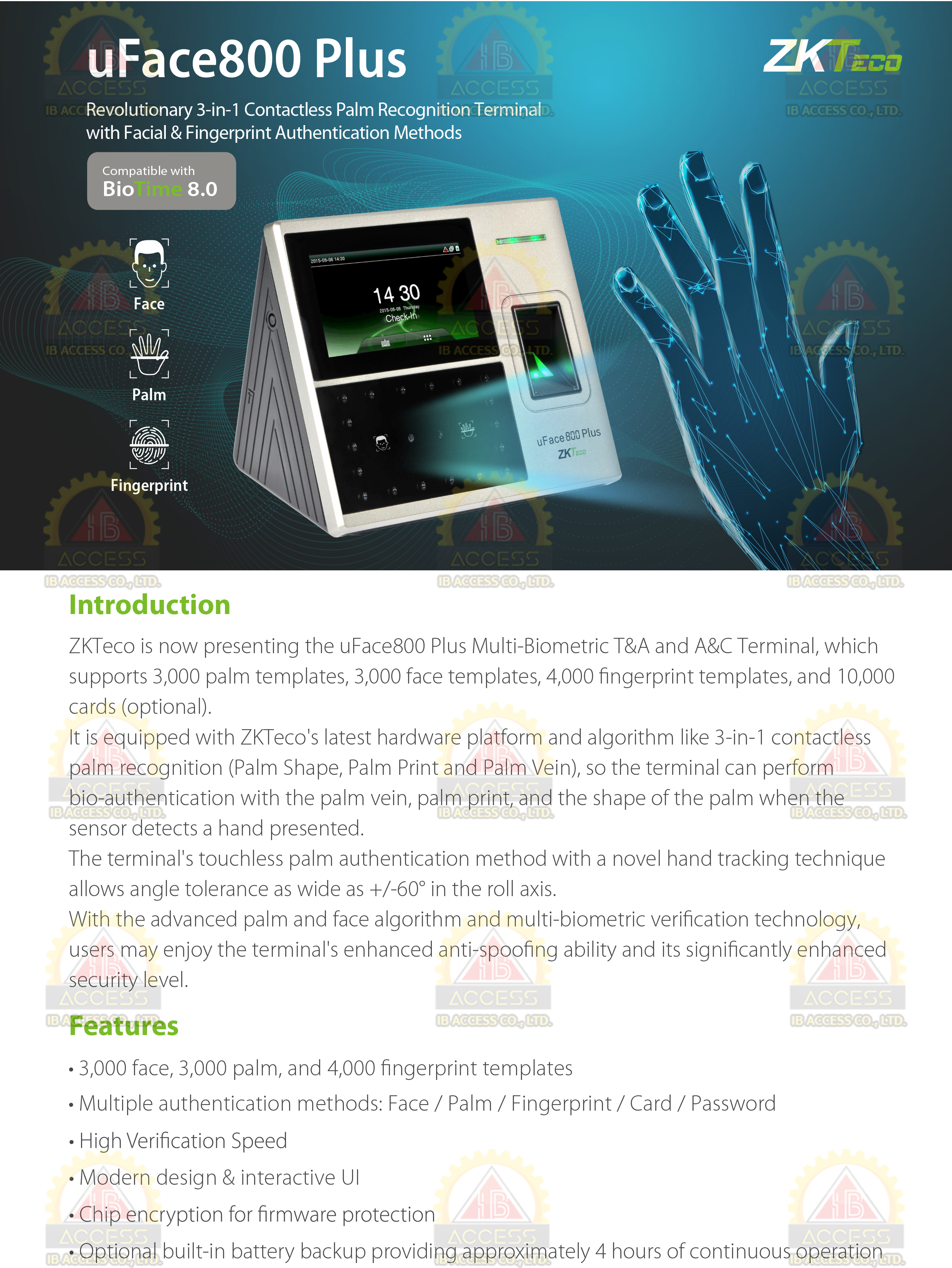 เครื่องสแกนใบหน้า ยี่ห้อ ZKTeco รุ่น uface800 รองรับระบบ Access Control