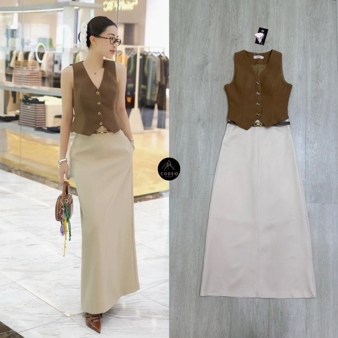 (ป้าย CODE-D) Set 2 ชิ้น เสื้อกั๊กคอวีแขนกุด สีน้ำตาล