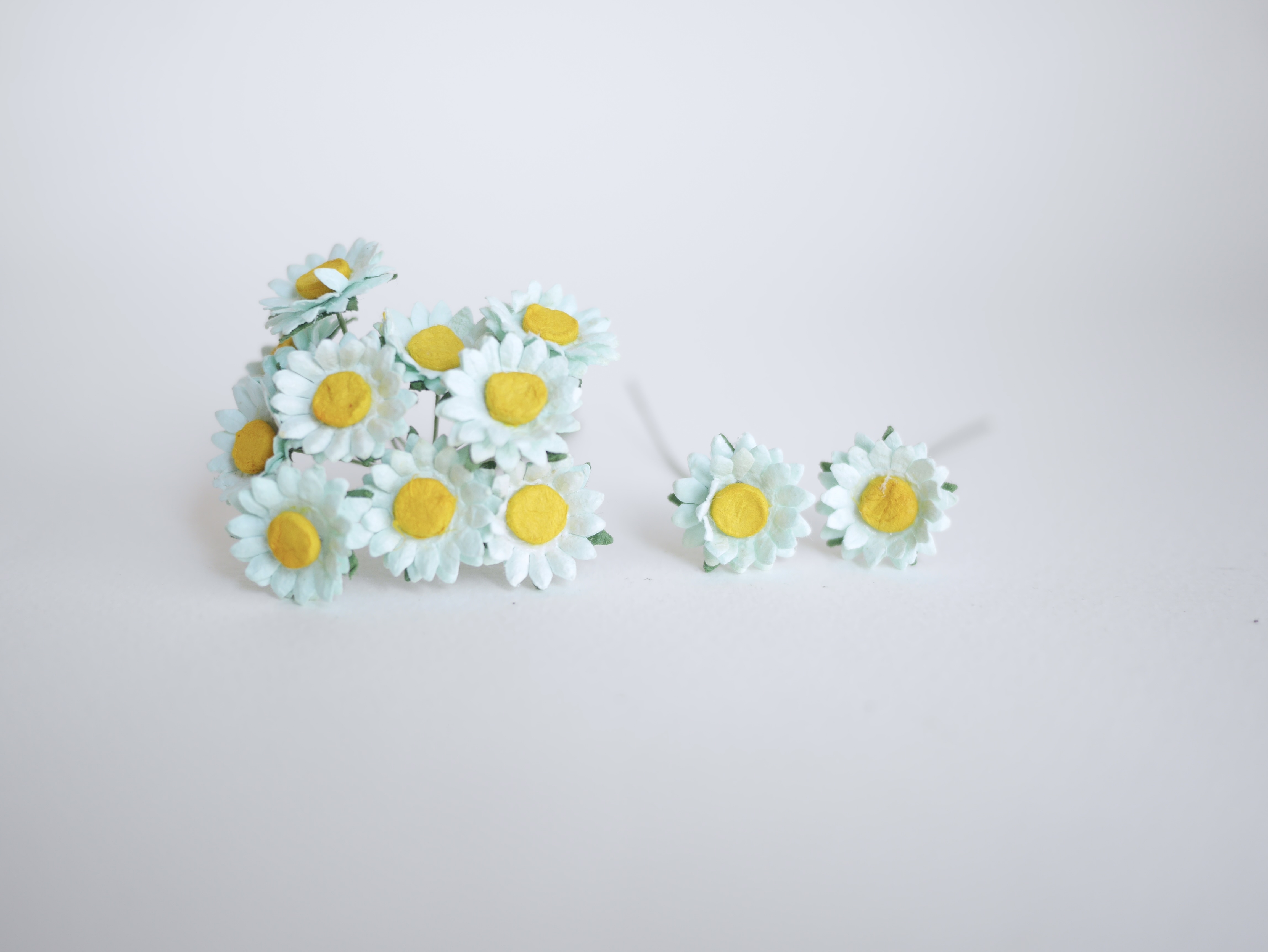 ดอกทานตะวันกระดาษ ดอกไม้กระดาษสา ดอกไม้ประดิษฐ์จากกระดาษสา ดอกทานตะวัน ดอกไม้กระดาษสาขายส่ง ดอกไม้ประดิษฐ์ ดอกไม้ทำข้อมือเพื่อนเจ้าสาว ขนาด 1.5 cm. จำนวน 100 ดอก สีมิ้นท์ Paper Flower, Sun Flowers, mint color, size 1.5 cm 100 pieces, yellow pollen.
