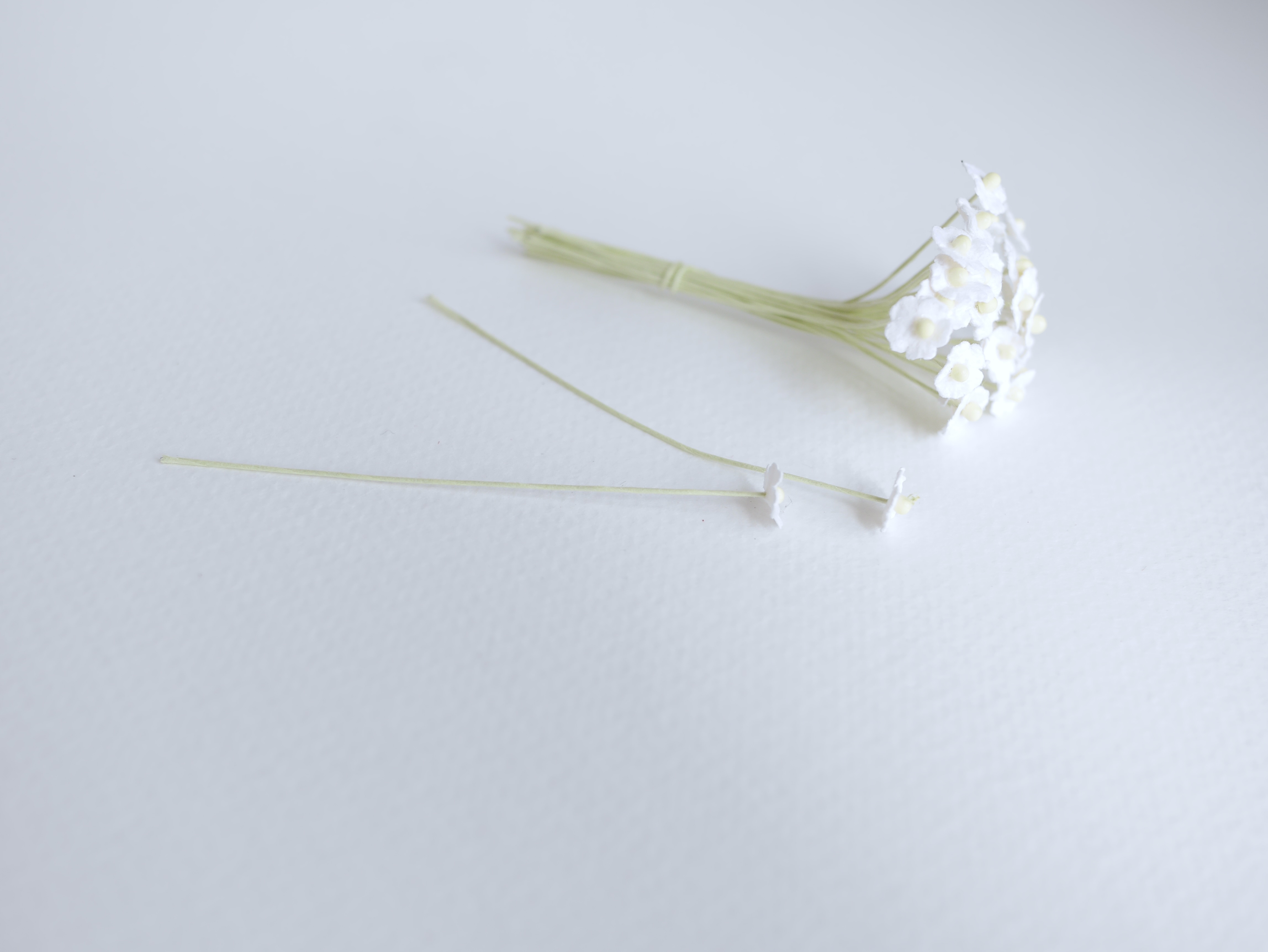 ดอกไม้กระดาษสา ดอกไม้กระดาษสาราคาส่ง ดอกไม้กระดาษสำหรับตกแต่ง งานแต่งงาน หรือติดของชำร่วย ดอกไม้จิ๋ว 100 ดอก ขนาด 0.6 cm. สีขาว Small Paper Flower with stem, , 100 pcs., size 0.5 cm., small creeping ladies flowers 1 layer, white color.