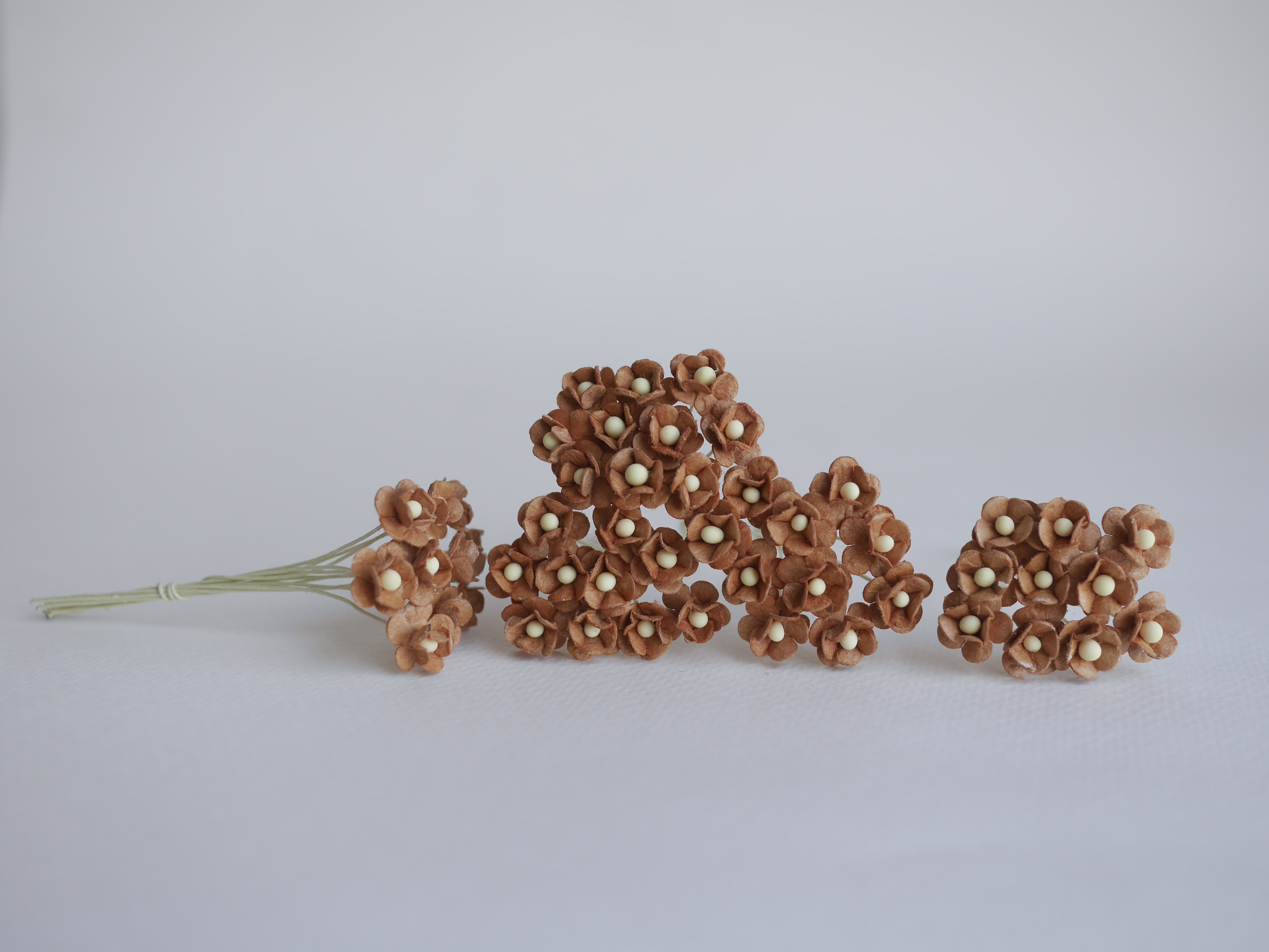 ดอกไม้กระดาษสา ดอกไม้กระดาษสาราคาส่ง ดอกไม้กระดาษสำหรับตกแต่ง งานแต่งงาน หรือติดของชำร่วย ดอก creeping lady 100 ดอก ขนาด 0.8 cm. สีน้ำตาลเข้ม Small Paper Flower with stem, 100 pcs., size 0.8 cm., creeping flowers 2 layers, medium brown color.