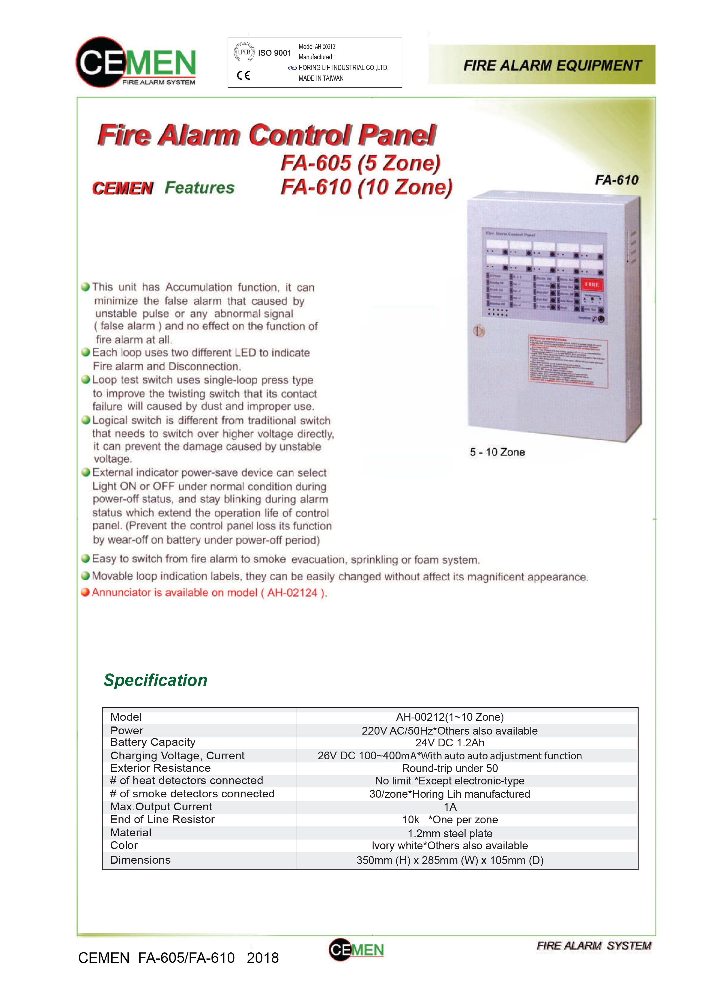 ตู้คอนโทรล Fire Alarm Control Panel 10 ZONE รุ่น FA-610 ยี่ห้อ Cemen