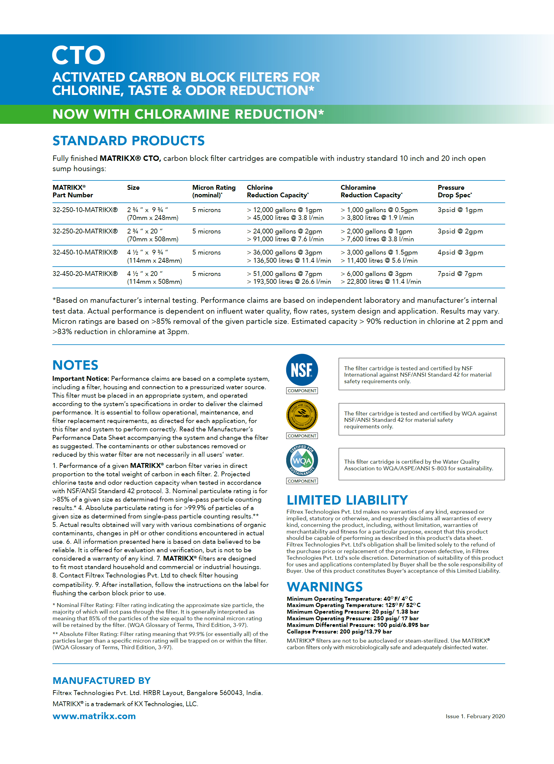 ไส้กรองน้ำ Carbon 10 นิ้ว x 2.5 นิ้ว 5 ไมครอน ถ่านกะลามะพร้าว Matrikx KX USA
