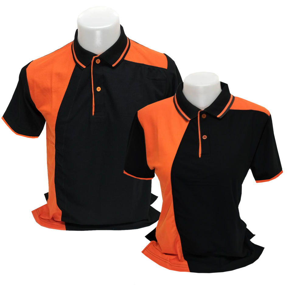 เสื้อโปโลสีดำ แต่งแบบด้วยสีส้ม ราคาส่ง 3 ตัวขึ้นไป