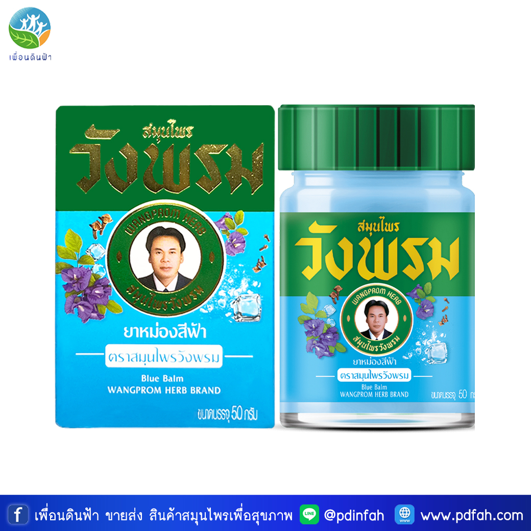 C02 วังพรม ยาหม่องสีฟ้าตราสมุนไพรวังพรม บรรเทาอาการคัดจมูกจากหวัด 50g. WANGPROM Blue Balm (ยาหม่องวังพรม)