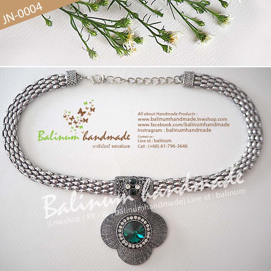 Bohemian Necklace สร้อยคอ สไตล์โบฮีเมียน ประดับเพชร (เขียว-ขาว) สะท้อนไฟระยิบระยับ ตะขอเกี่ยวเป็นก้ามปู สวมใส่ง่าย เงิน (Silver)