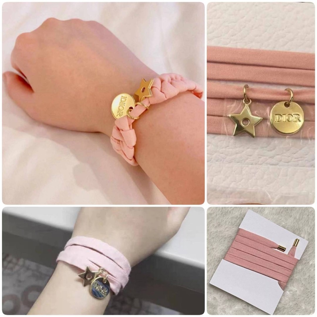 ริบบิ้นผูกข้อมือพร้อมจี้ Dior Pink Bracelet Choker Gold Charm Ribbon String