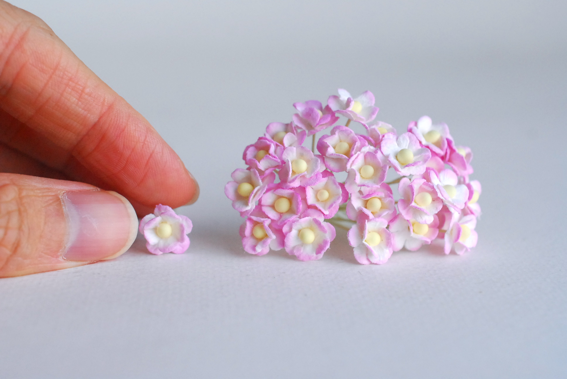 ดอกไม้กระดาษสา ดอกไม้กระดาษสาราคาส่ง ดอกไม้กระดาษสำหรับตกแต่ง งานแต่งงาน หรือติดของชำร่วย ดอก creeping lady 100 ดอก ขนาด 0.8 cm. สีชมพูปัดขาว Small Paper Flower with stem, 100 pcs., size 0.8 cm., creeping flowers 2 layers, pink brush color.