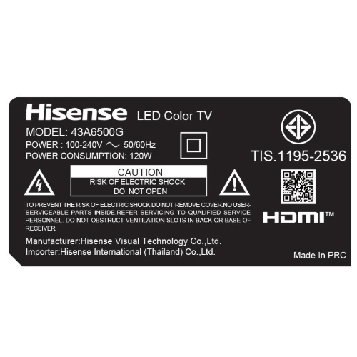 แอลอีดีทีวี 43 นิ้ว HISENSE 4K, Andriod TV 43A6500G (ชลบุรี ส่งฟรี)