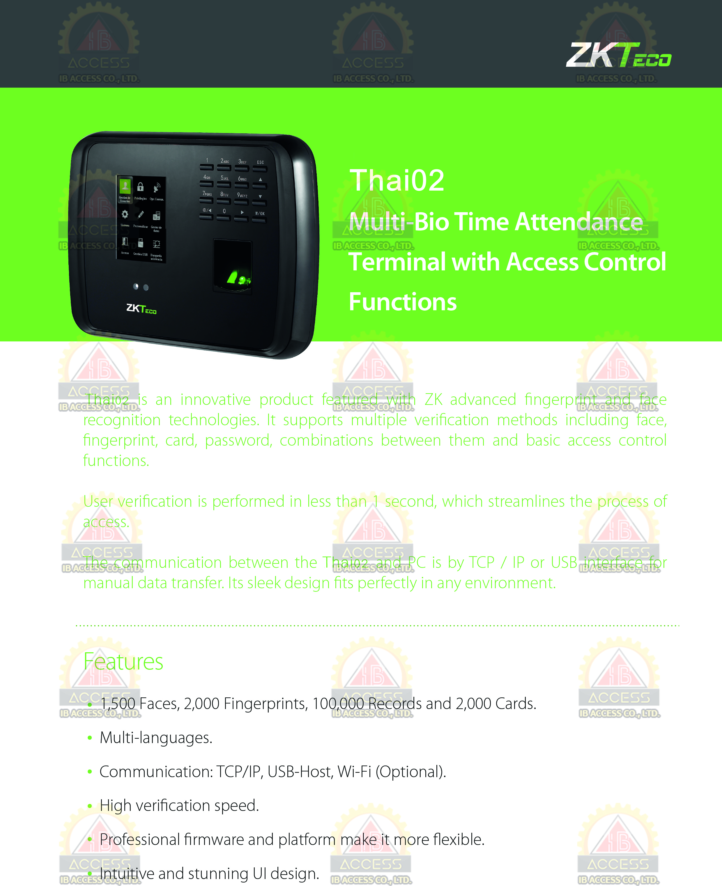 เครื่องสแกนใบหน้า ยี่ห้อ ZKTeco รุ่น Thai02 รองรับระบบ Access Control