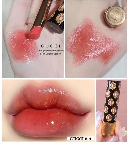 ลิปสติก Gucci Rouge de Beaute Brillant Glow & Care Shine Lipstick 1.8g # 514 Virginia Scarlett