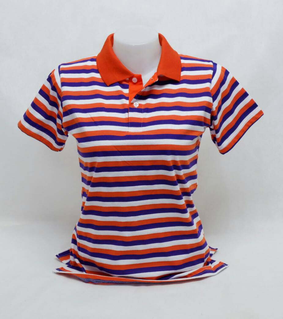 เสื้อโปโลลายทาง เสื้อโปโลลายริ้ว สีม่วง ส้ม ขาว ปกสีส้ม