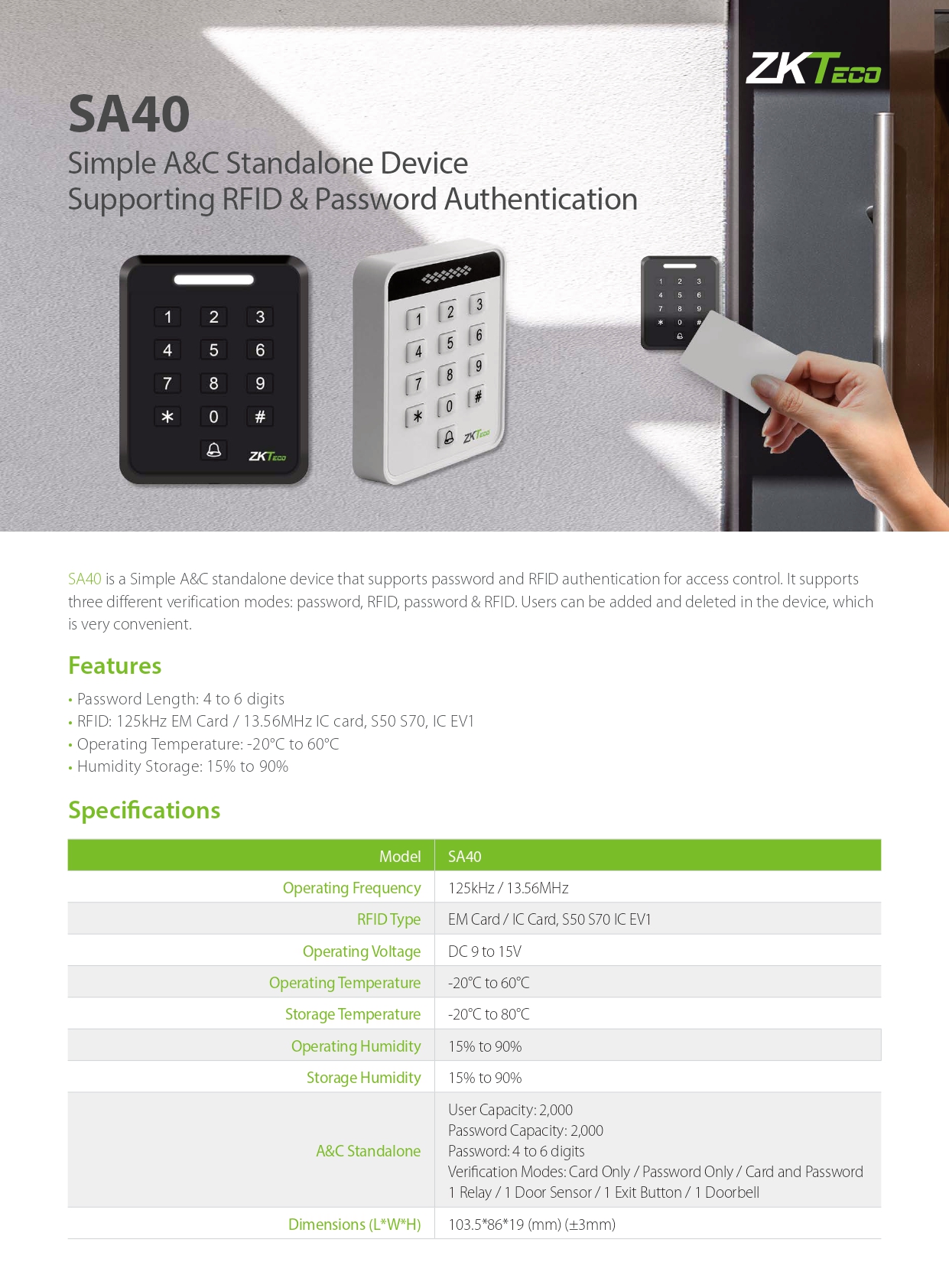 เครื่องทาบบัตร ยี่ห้อ ZKTeco รุ่น SA40 รองรับระบบ Access Control