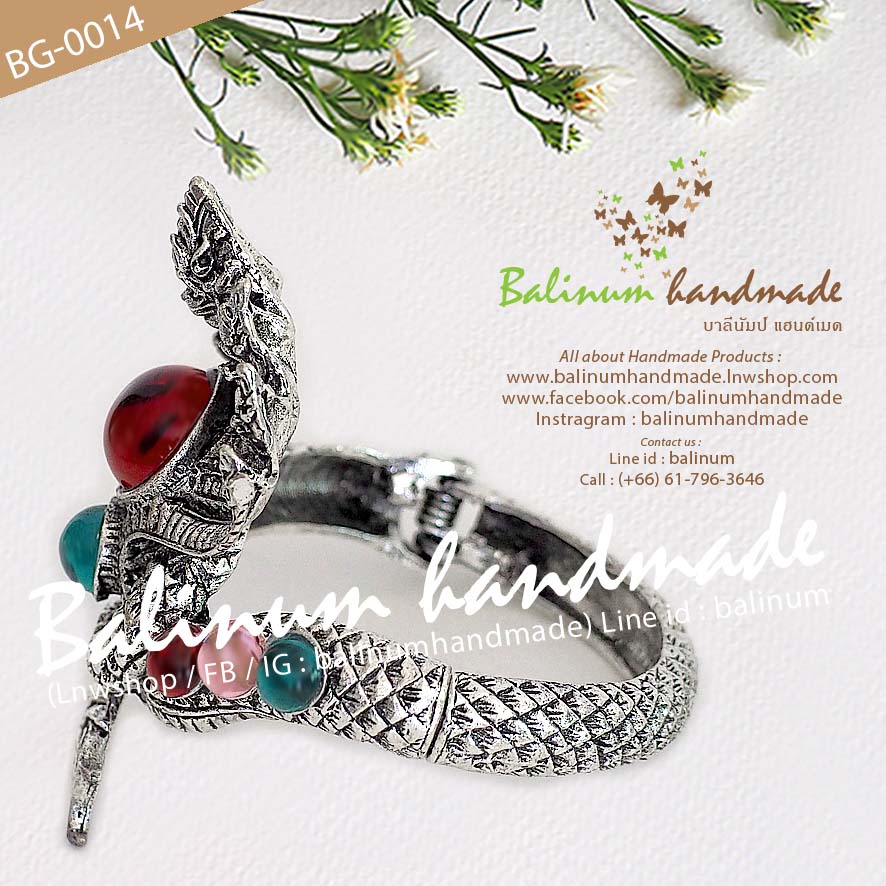 กำไลเงินรูปพญานาค 7 เศียร งานลงยาแฮนด์เมด สวมใส่ง่าย เพราะเป็นแบบง้าง เงิน (Silver)