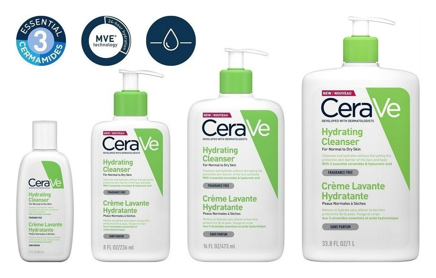 CERAVE HYDRATING CLEANSER 8OZ/236ML ทำความสะอาดผิวหน้าและผิวกาย สำหรับผิวธรรมดาถึงผิวแห้ง