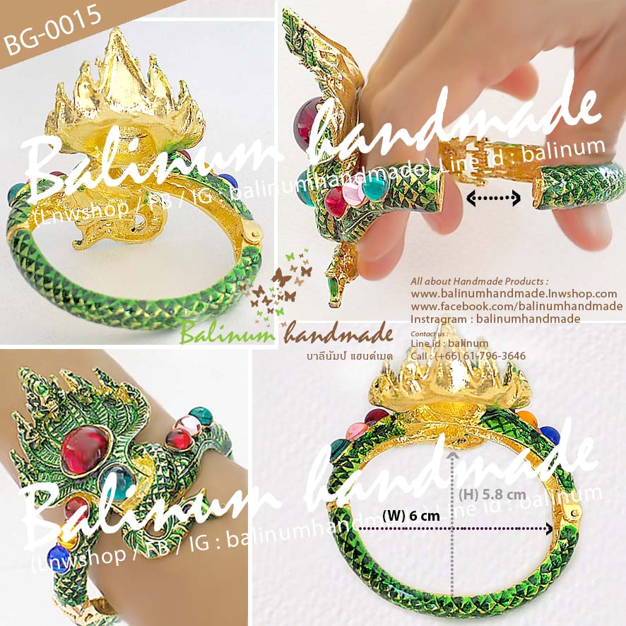 กำไลเงินรูปพญานาค 7 เศียร งานลงยาแฮนด์เมด สวมใส่ง่าย เพราะเป็นแบบง้าง เขียว (Green)