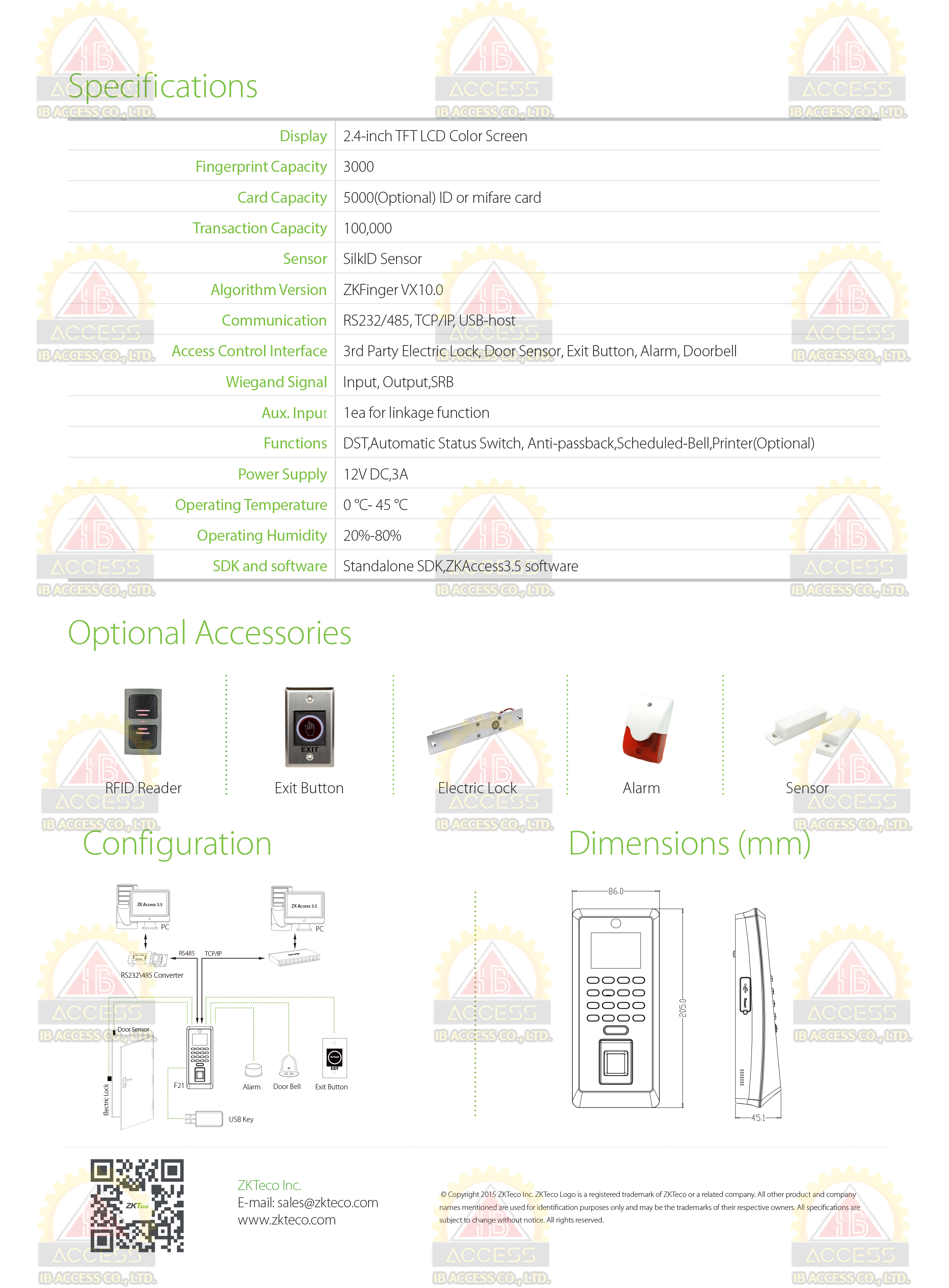 เครื่องสแกนลายนิ้วมือ ยี่ห้อ ZKTeco รุ่น F21 รองรับระบบ Access Control