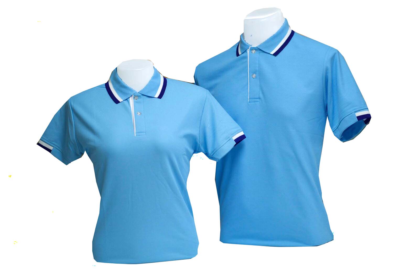 เสื้อโปโลสีฟ้า ปก แขน ทอลายแถบสีน้ำเงินกรมท่า สีขาว ราคาส่ง