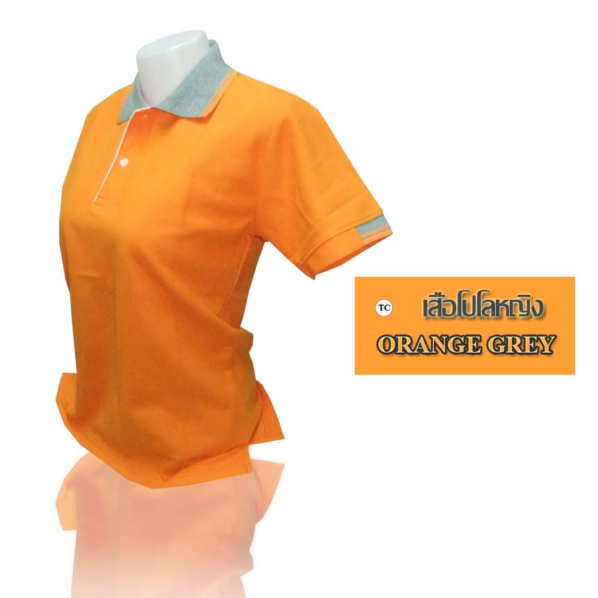 เสื้อโปโลหญิงสีส้ม ปกสีเท่าลายขลิบสีส้ม แขนจั๊มครึ่งเดียว
