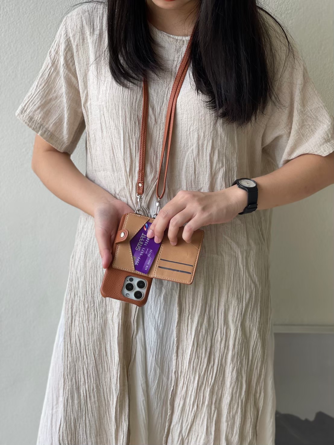 Leather card x neck strap (reddish brown colors) case