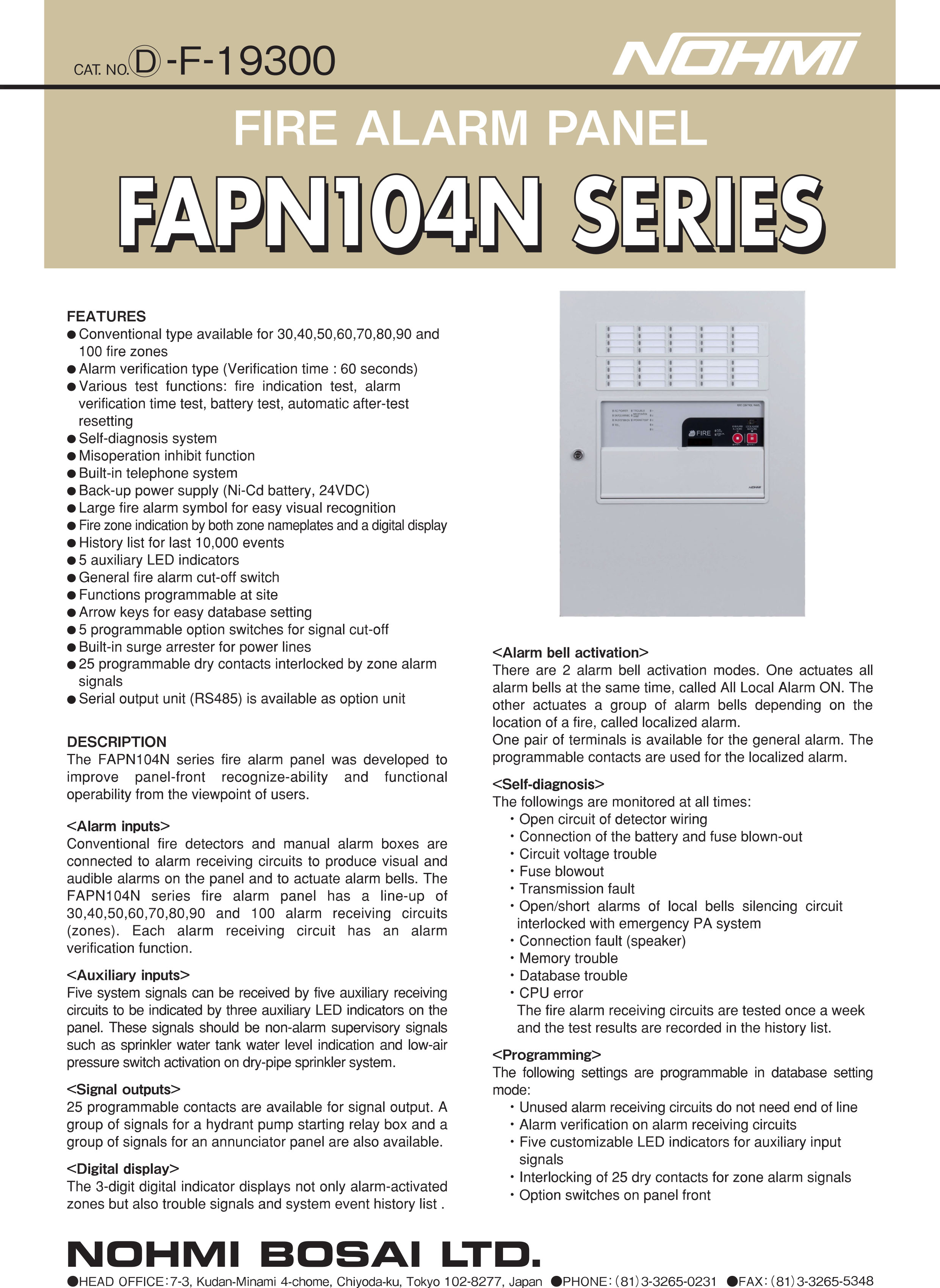 "NOHMI" Model FAPN104N-B1-50L Fire Alarm Control Panel ,Wall Type