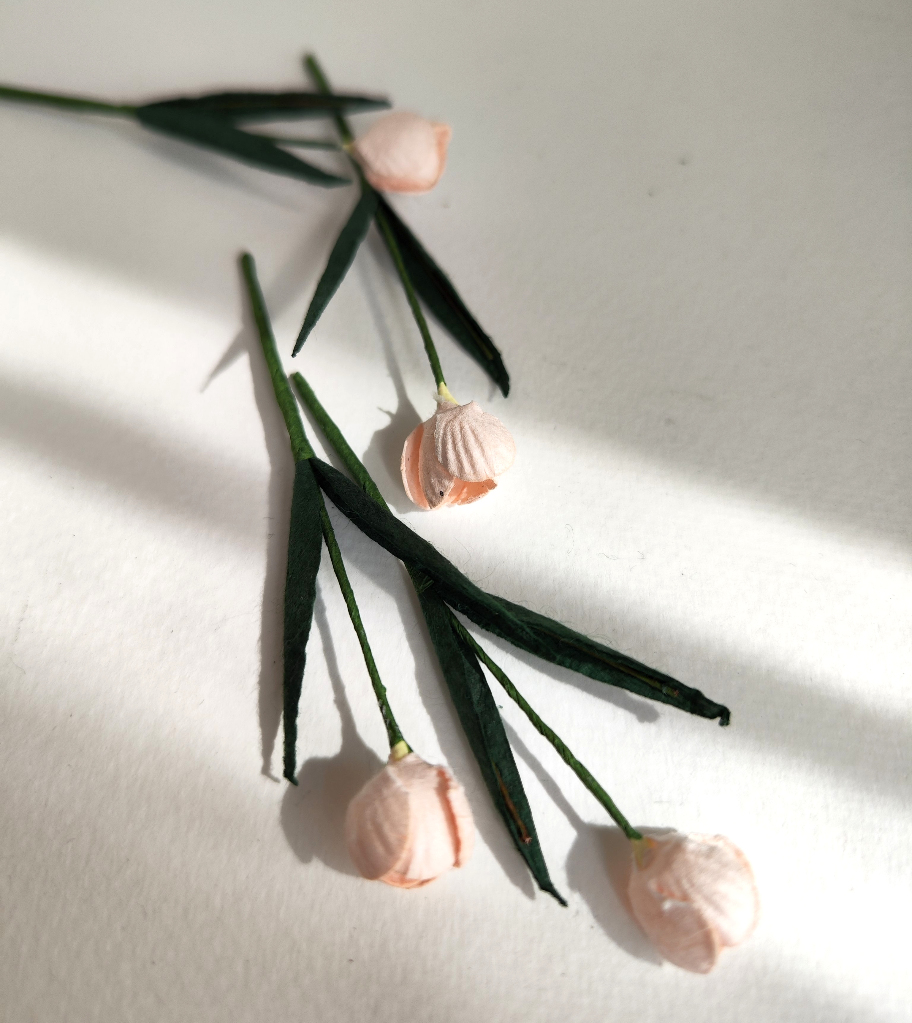 ดอกไม้ประดิษฐ์, ดอกไม้กระดาษสา, ดอกtulips, ดอกทิวลิปส์, ก้านสีเขียว เกสรสีขาว งานประดิษฐ์ตกแต่งของชำร่วย, ทำการ์ดรับเชิญ, ช่อดอกไม้ขนาดเล็ก, ขนาด 1.5 cm. สีชมพูพีชอ่อน, pale pinkcolor.
