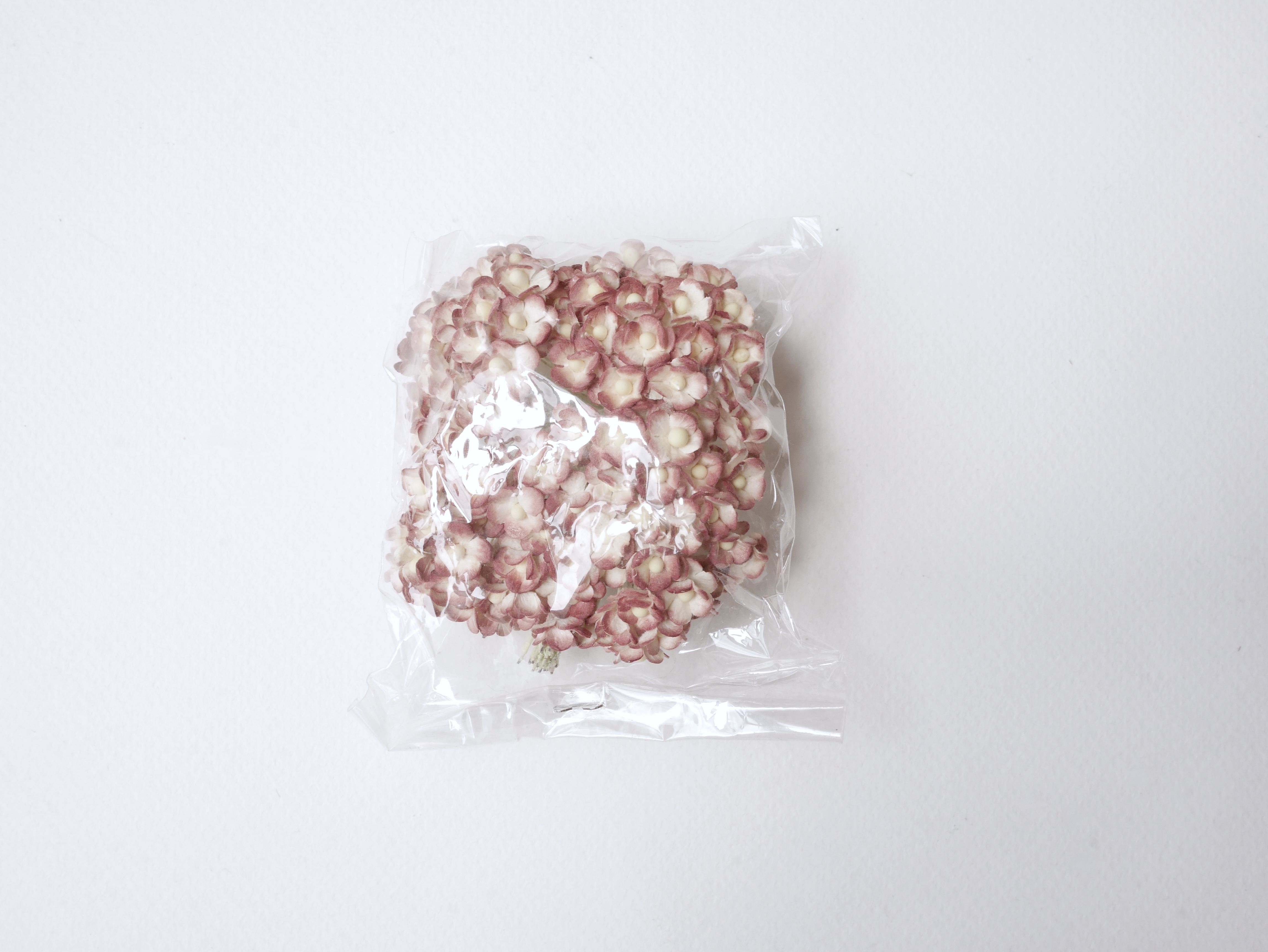 ดอกไม้กระดาษสา ดอกไม้กระดาษสาราคาส่ง ดอกไม้กระดาษสำหรับตกแต่ง งานแต่งงาน หรือติดของชำร่วย ดอก creeping lady 100 ดอก ขนาด 0.8 cm. สีเลือดหมูปัดสีงาช้าง Small Paper Flower with stem, 100 pcs., size 0.8 cm., creeping flowers 2 layers, red wine brush ivory co